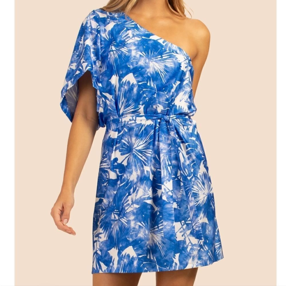 Trina Turk Women's Blue & white One Shoulder Coverup Basque Dress Size M…
